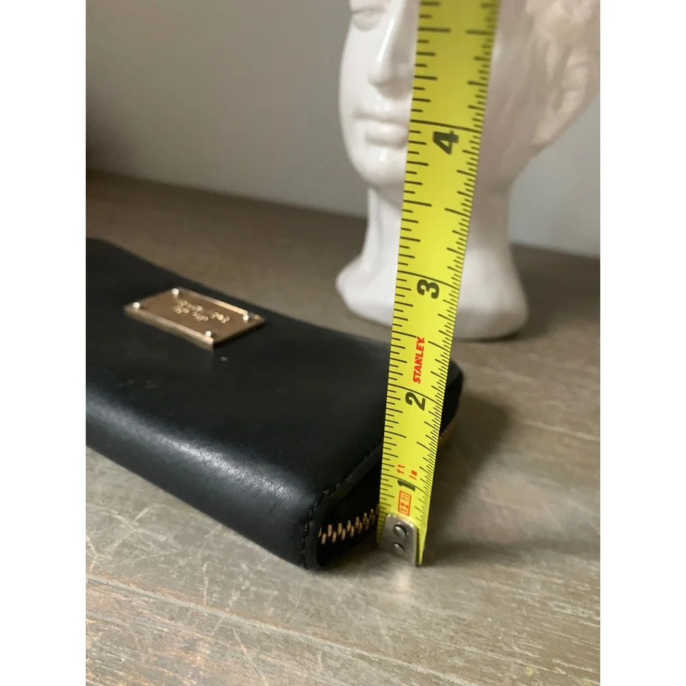 Michael Kors Black Leather Zip Around Continental Wallet Gold Logo Plaque